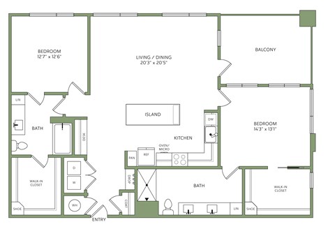 Floor plan for 2 beds, 2 baths, 1363 sqft